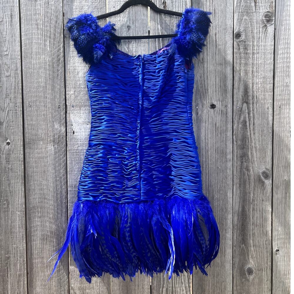 Vtg 80s Custom Made Cobalt Blue Feather Cocktail Dress Ruched Mini Showgirl S/M - Picture 5 of 10